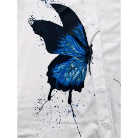 Butterfly Print Polo Neck Shirt, Casual Long Sleeve Blouse For Spring & Fall, Women's Clothing