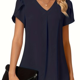 Solid V-neck Petal Sleeve Blouse, Versatile Simple Blouse For Spring & Summer, Women's Clothing