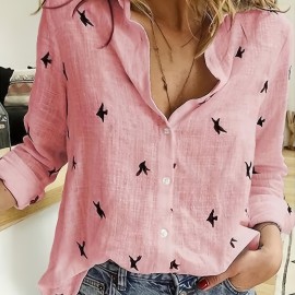 Bird Print Button Front Shirt, Casual Long Sleeve Shirt For Spring & Fall, Women's Clothing
