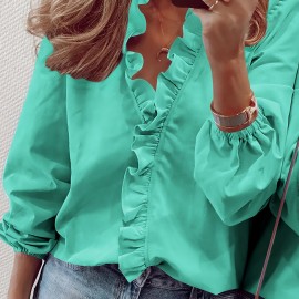 Ruffled Trim V Neck Shirt, Elegant Loose Long Sleeve Shirt, Women's Clothing