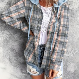 Plaid Print Hooded Shirt, Casual Long Sleeve Drawstring Shirt, Women's Clothing