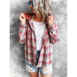 Hooded Plaid Print Blouse, Casual Button Front Drawstring Long Sleeve Blouse, Women's Clothing