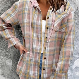 Hooded Plaid Print Blouse, Casual Button Front Drawstring Long Sleeve Blouse, Women's Clothing
