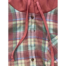 Hooded Plaid Print Blouse, Casual Button Front Drawstring Long Sleeve Blouse, Women's Clothing