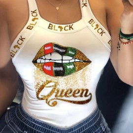 Figure & Letter Print Cami Top, Sexy Back Bow Slim Spaghetti Strap Top For Summer, Women's Clothing