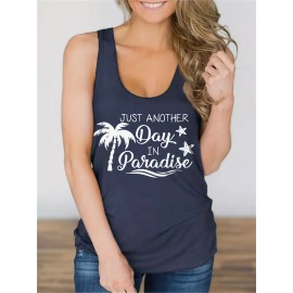 Coconut Tree & Letter Print Tank Top, Sleeveless Crew Neck Tank Top, Casual Every Day Tops, Women's Clothing