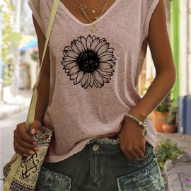 Sunflower Print V Neck Tank Top, Casual Sleeveless Tank Top For Summer, Women's Clothing