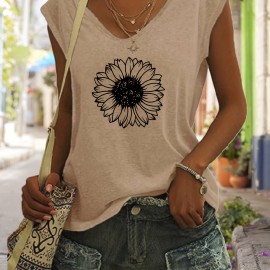 Sunflower Print V Neck Tank Top, Casual Sleeveless Tank Top For Summer, Women's Clothing