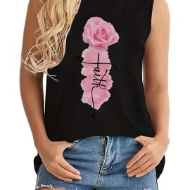Flower & Letter Print Tank Top, Sleeveless Crew Neck Tank Top, Casual Every Day Tops, Women's Clothing