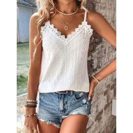 Eyelet Contrast Lace Cami Top, Casual V-neck Spaghetti Strap Top For Summer, Women's Clothing