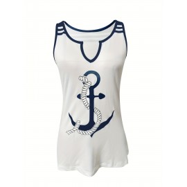 Anchor Print Tank Top, Casual Notch Neck Summer Sleeveless Top, Women's Clothing