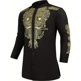 Totem Print Men's Long Sleeve Stand Collar Shirt, Ethnic Style Male Shirt For Spring Fall
