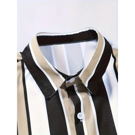 2pcs Men's Stripe Pattern Color Block Short Sleeve Button Shirt & Loose Shorts, Men's Casual Outfit For Summer Vacation