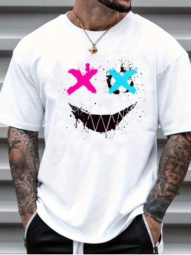 Big Smile Print, Men's Graphic Design Crew Neck Active T-shirt, Casual Comfy Tees Tshirts For Summer, Men's Clothing Tops For Daily Vacation Resorts