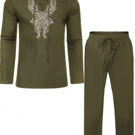 Cotton Boho Style Pattern Embroidery Men's 2 Pieces Outfits, Long Sleeve Lace Up Shirt And Drawstring Solid Trousers Set