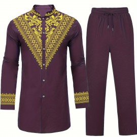 Men's African Dashiki Shirt Metallic Floral Printed Slim Fit Long Sleeve Hoodies Shirts