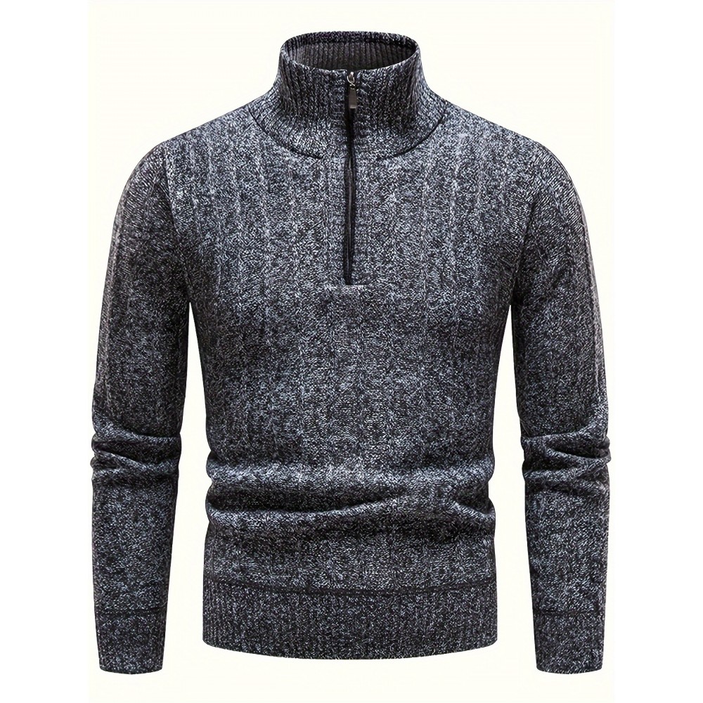 Turtle Neck With Zipper Knitted Texture Sweater, Men's Casual Warm Solid Color Mid Stretch Pullover Sweater For Fall Winter