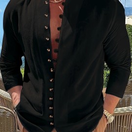 Retro Style Men's Casual Solid Long Sleeve Shirt, Men's Clothes For Spring Summer Autumn, Tops For Men