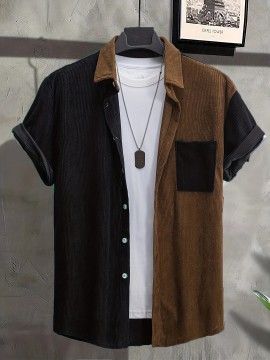 Men's Trendy Splicing Casual Short Sleeve Shirt With Chest Pocket, Men's Shirt For Summer Vacation Resort, Tops For Men, Gift For Men