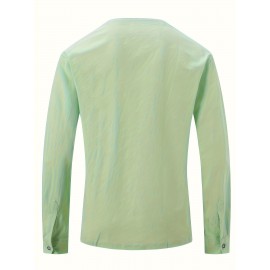 Casual Solid Men's Cotton & Linen V-neck Long Sleeve Shirt With Button, Spring Fall