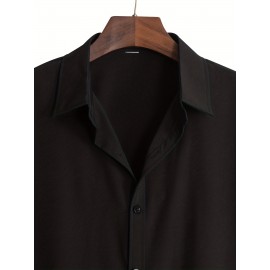 Men's Casual Lapel Solid Basic Tee Shirt, Button Short Sleeve Loose Work Business Shirt For Summer