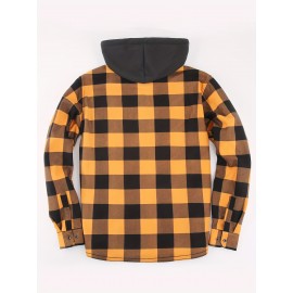 Plaid Pattern Men's Casual Thick Long Sleeve Hooded Shirt With Pockets, Men's Button Up Shirt For Fall Winter